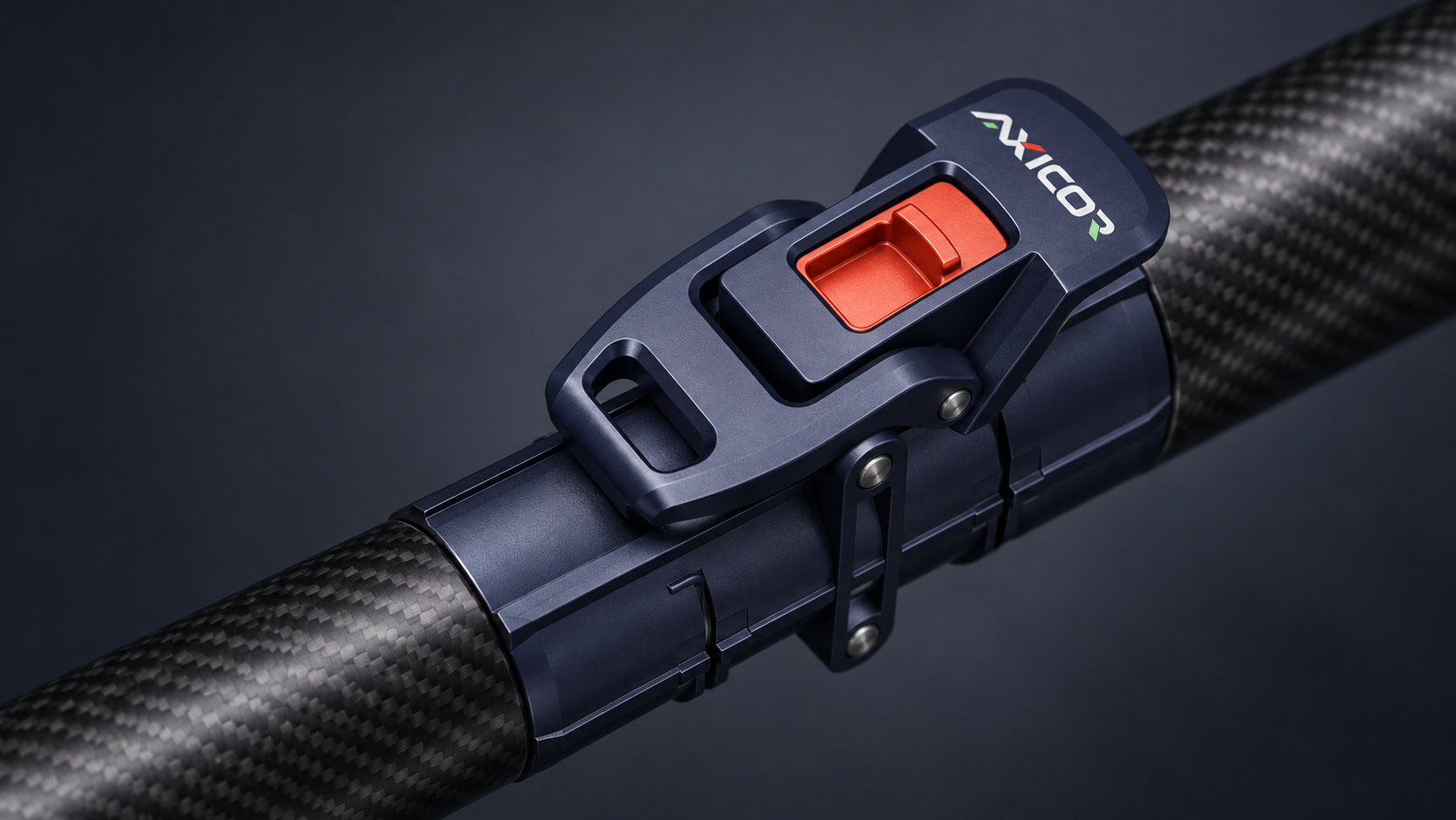 Macro material study of the AXICOR folding connection with a navy metal latch and orange release button