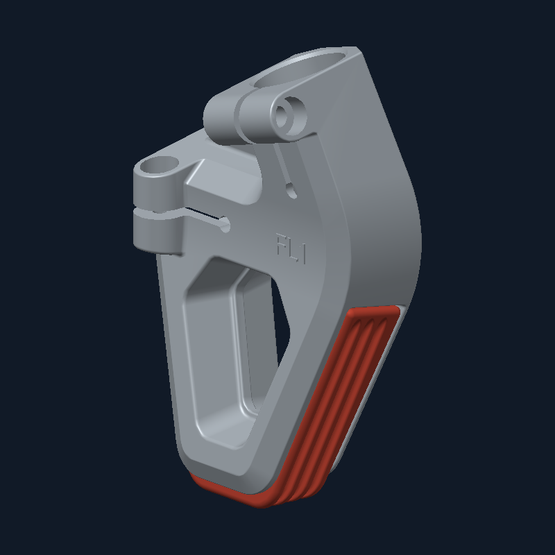 CAD view of the aluminum foot and orange rubber pad in their assembled position.